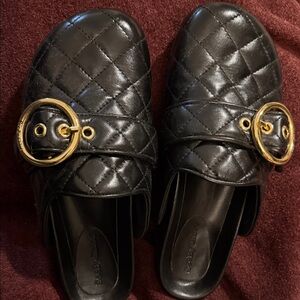 SeeBy Chloe Black Slip-On Loafers Gold Buckle